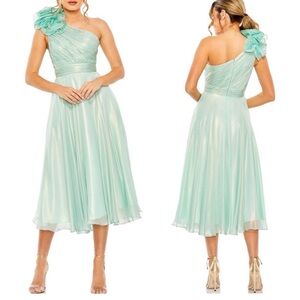 NWT Mac Duggal Rosette One Shoulder Tea Length Dress